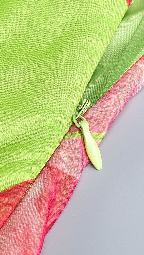 STRAPLESS SILK MAXI DRESS IN LIME ANTHURIUM