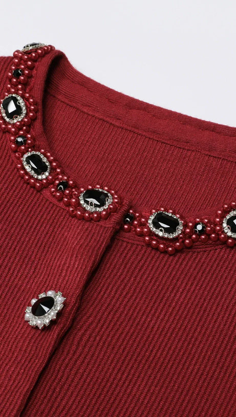 Elegant Wine Red Embellished Knit Cardigan & Midi Skirt Set