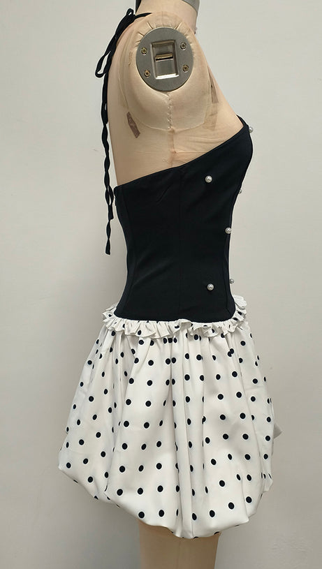 BLACK AND WHITE BEADED MINI DRESS