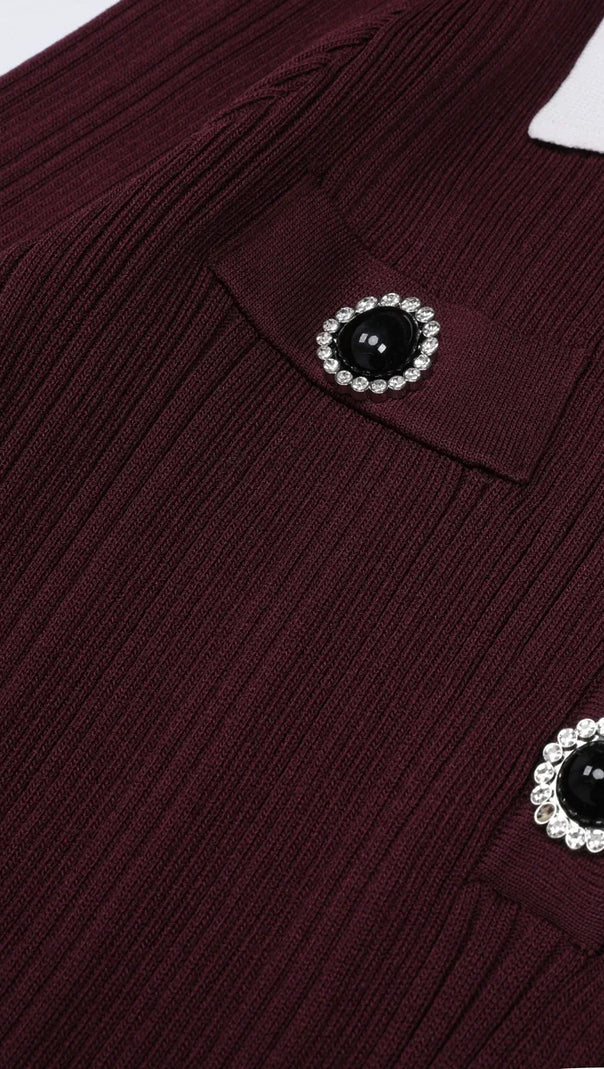 AIIZIE Javier Ribbed Knit Midi Dress - Long Sleeve, Contrast Collar & Burgundy Hue - product image