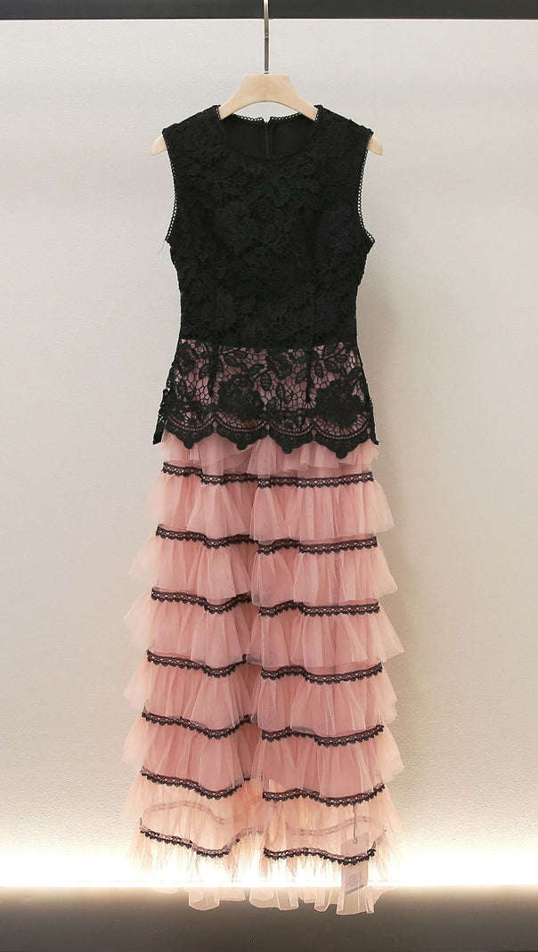 AIIZIE HUMITA ENCHANTING BLACK LACE & BLUSH TIERED TULLE MAXI DRESS - product image