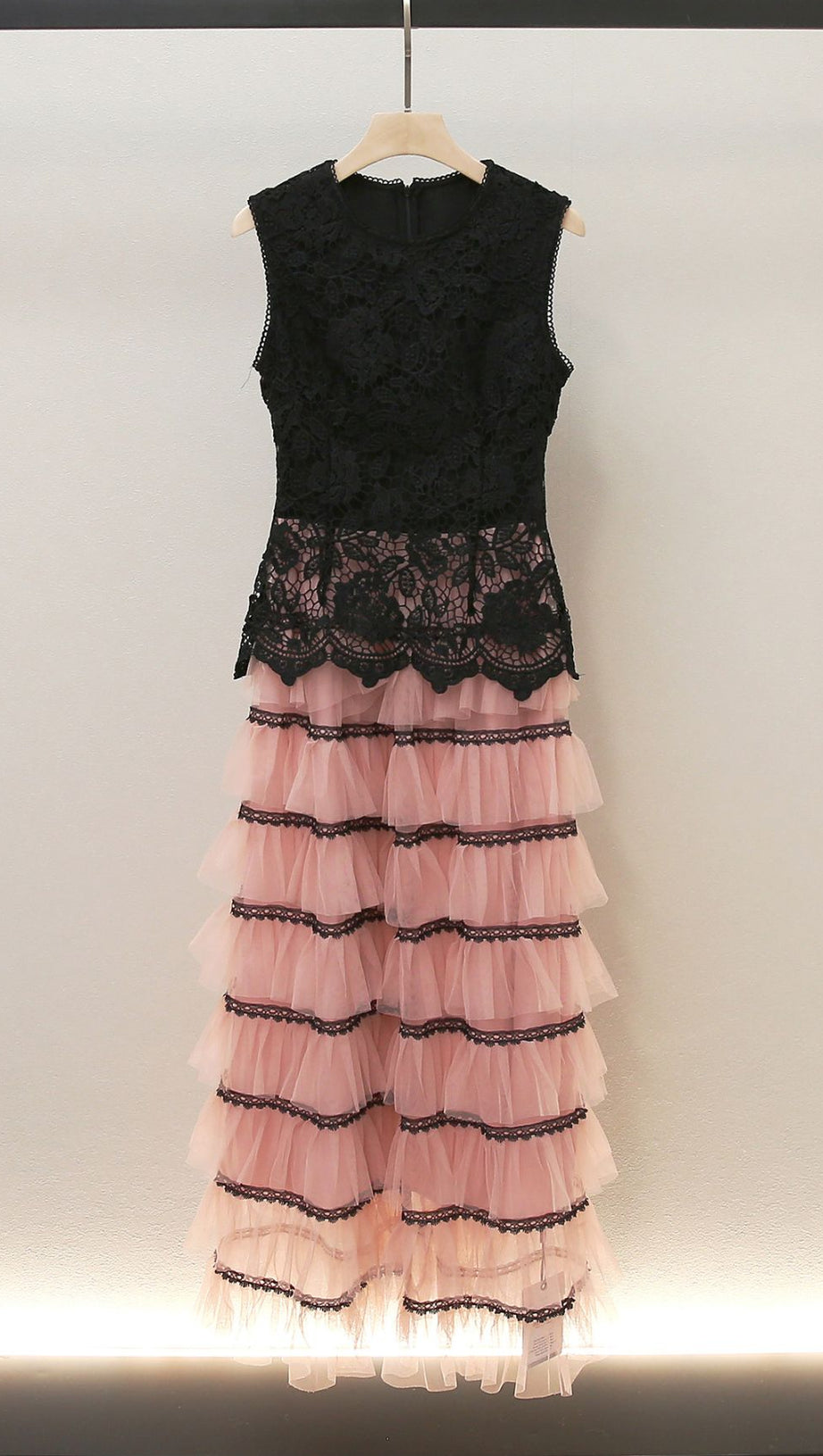 HUMITA ENCHANTING BLACK LACE & BLUSH TIERED TULLE MAXI DRESS