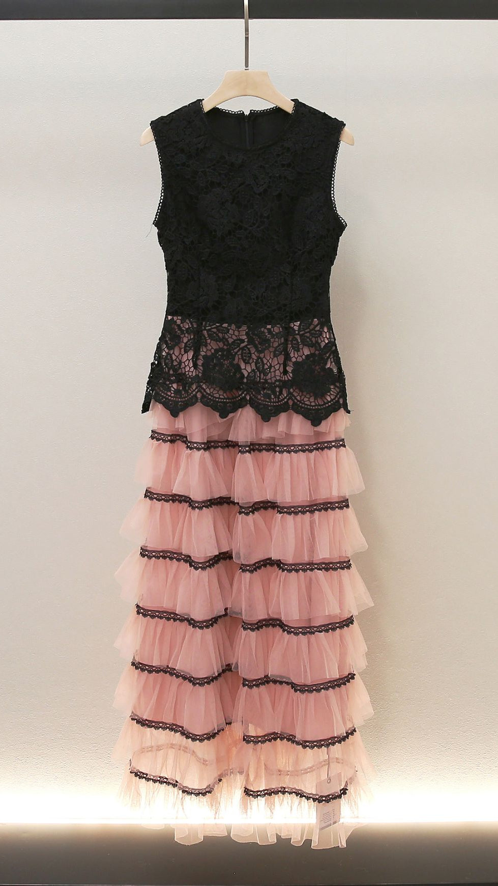HUMITA ENCHANTING BLACK LACE & BLUSH TIERED TULLE MAXI DRESS