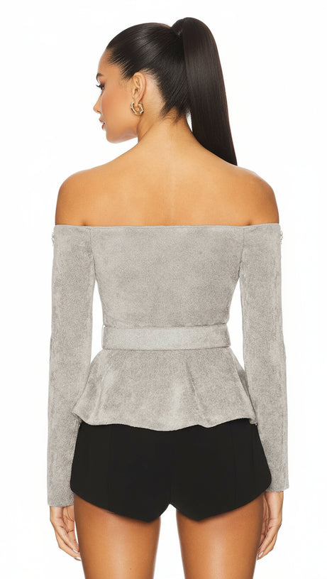 GLAMOROUS HARLEAN GREY DIAMANTE OFF-SHOULDER BELTED PEPLUM CARDIGAN
