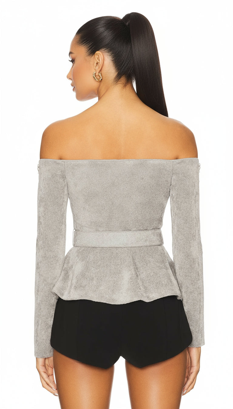 GLAMOROUS HARLEAN GREY DIAMANTE OFF-SHOULDER BELTED PEPLUM CARDIGAN