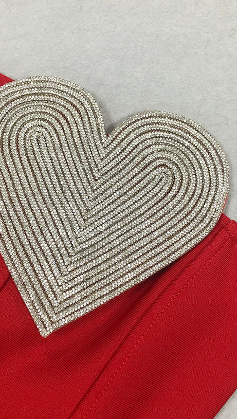 HEART-EMBELLISHED STRAPLESS MINI DRESS IN RED