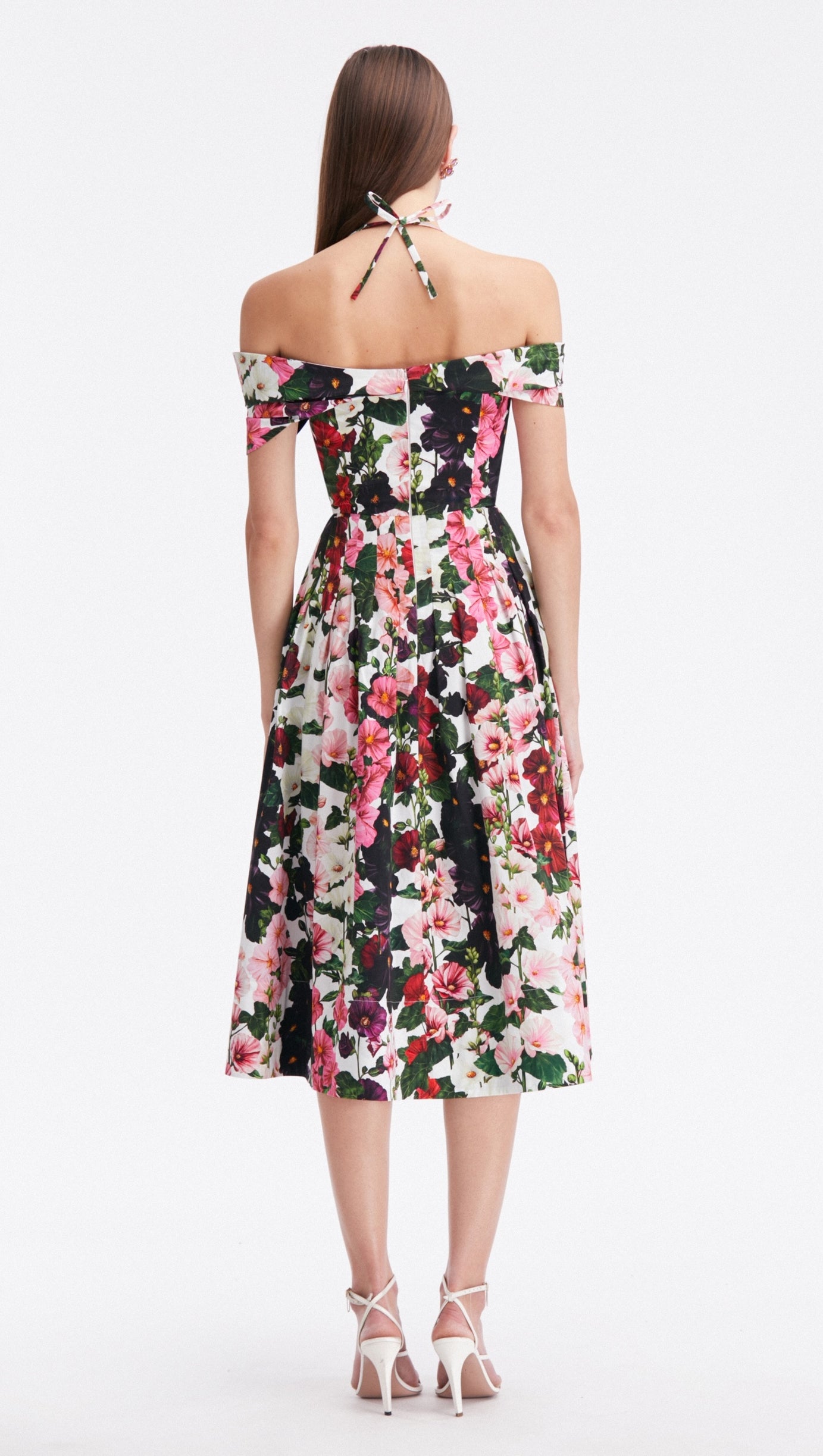 MULTICOLOR OFF-SHOULDER PLEATED FLORAL-PRINT COTTON-BLEND POPLIN DRESS