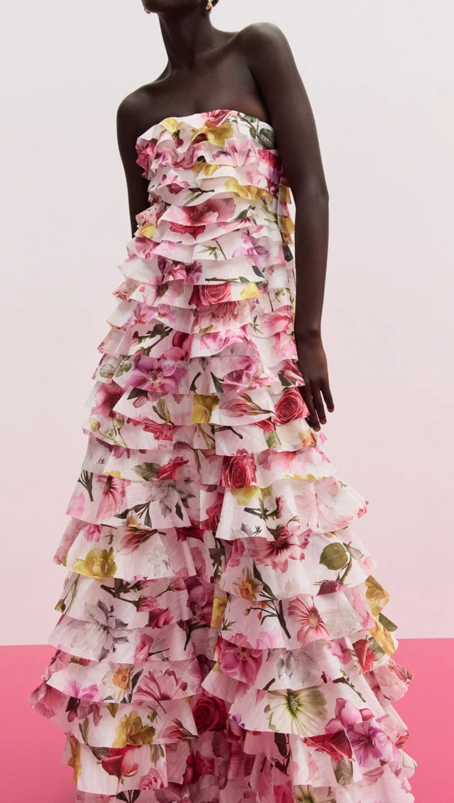 YETTA STRAPLESS FLORAL PRINTED LAYERED MAXI DRESS