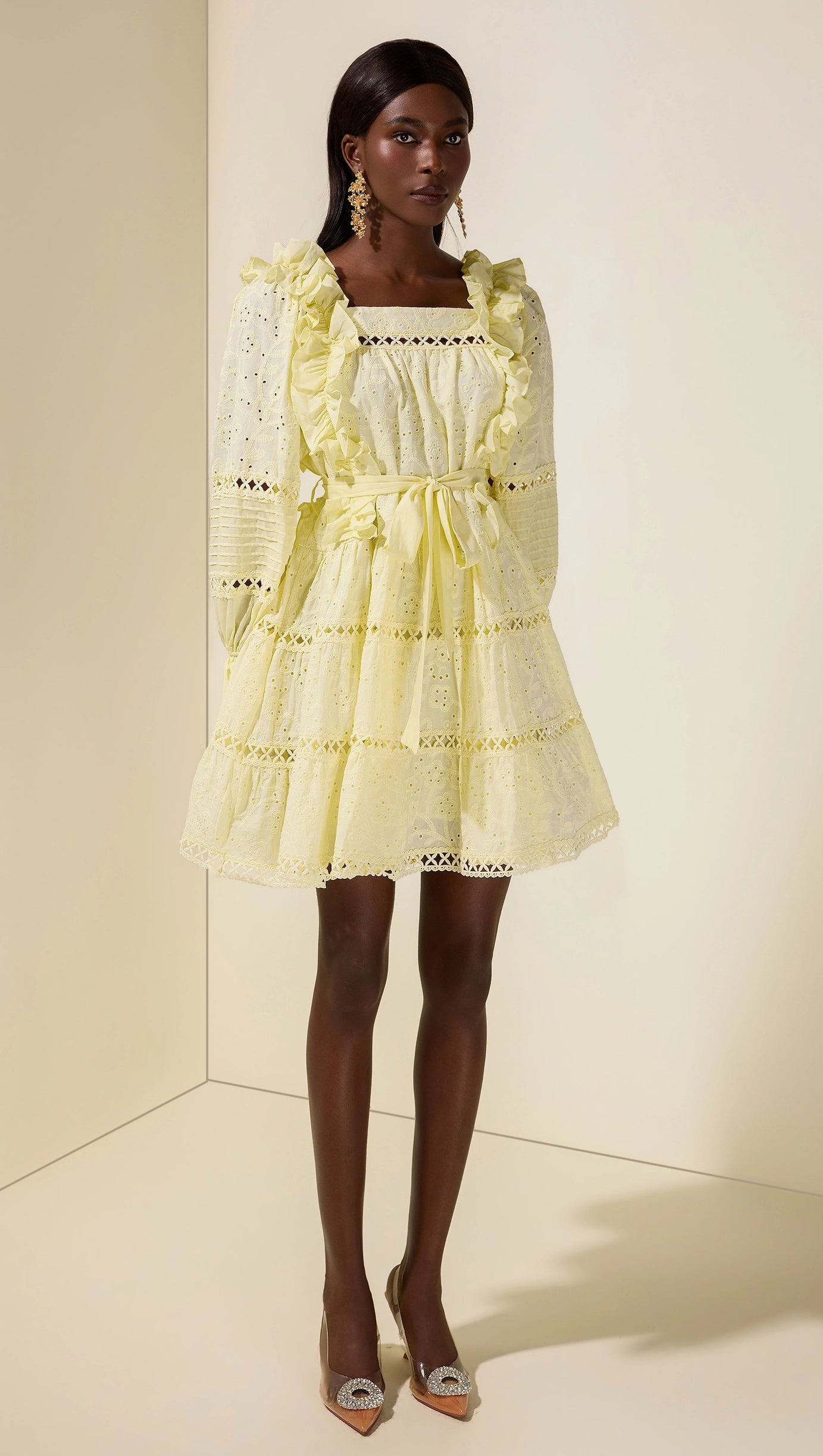victoria Embroidered hollow Ruffle Mini Dress - yellow