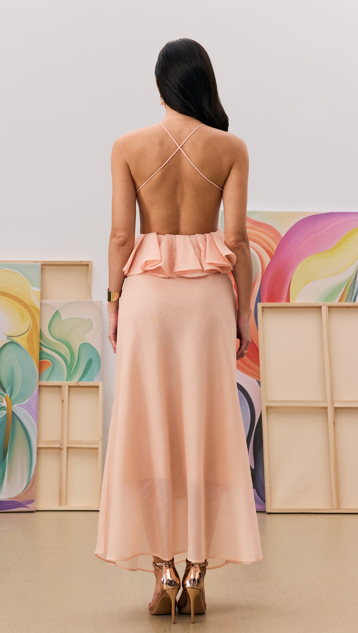 AIIZIE AURORA HALTER NECK RUFFLE MAXI DRESS IN PINK - product image