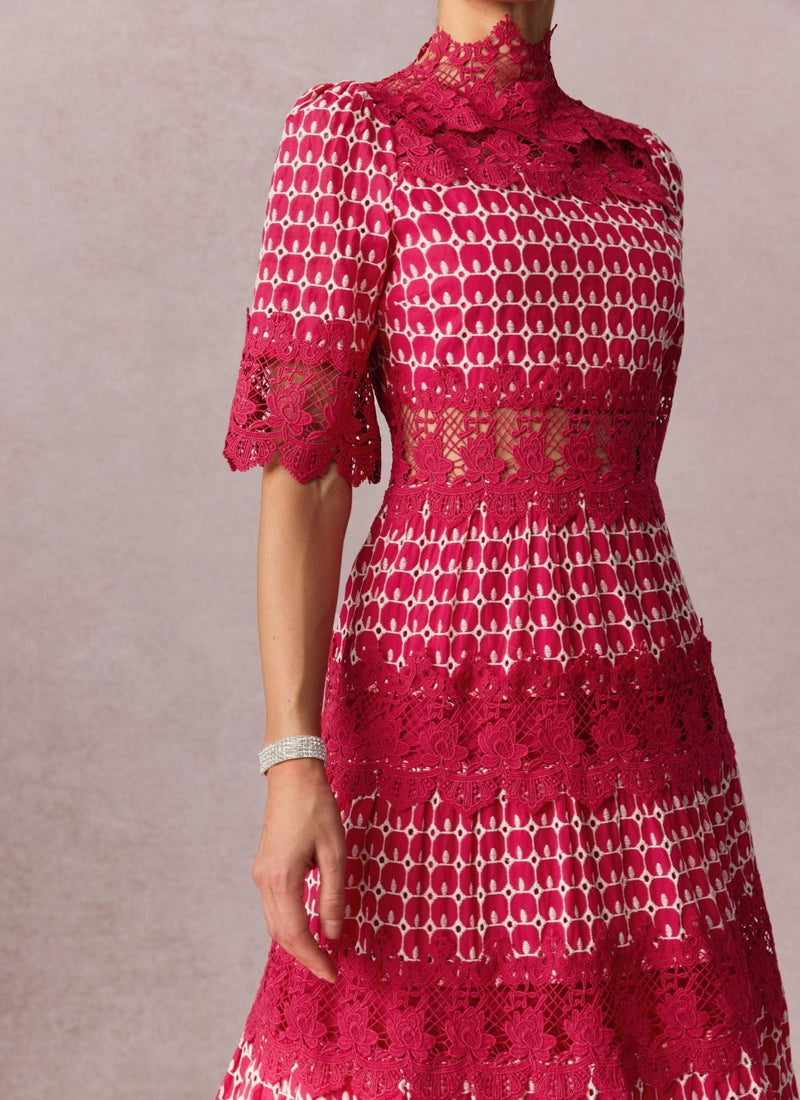 simona Embroidered Lace Midi Dress in red