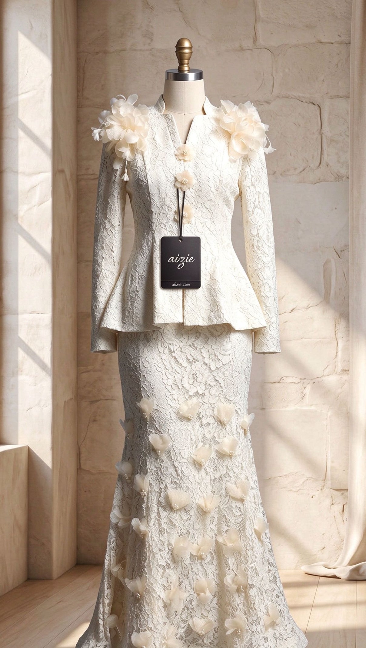 Ivory Corded Floral Lace Two-Piece Skirt Suit