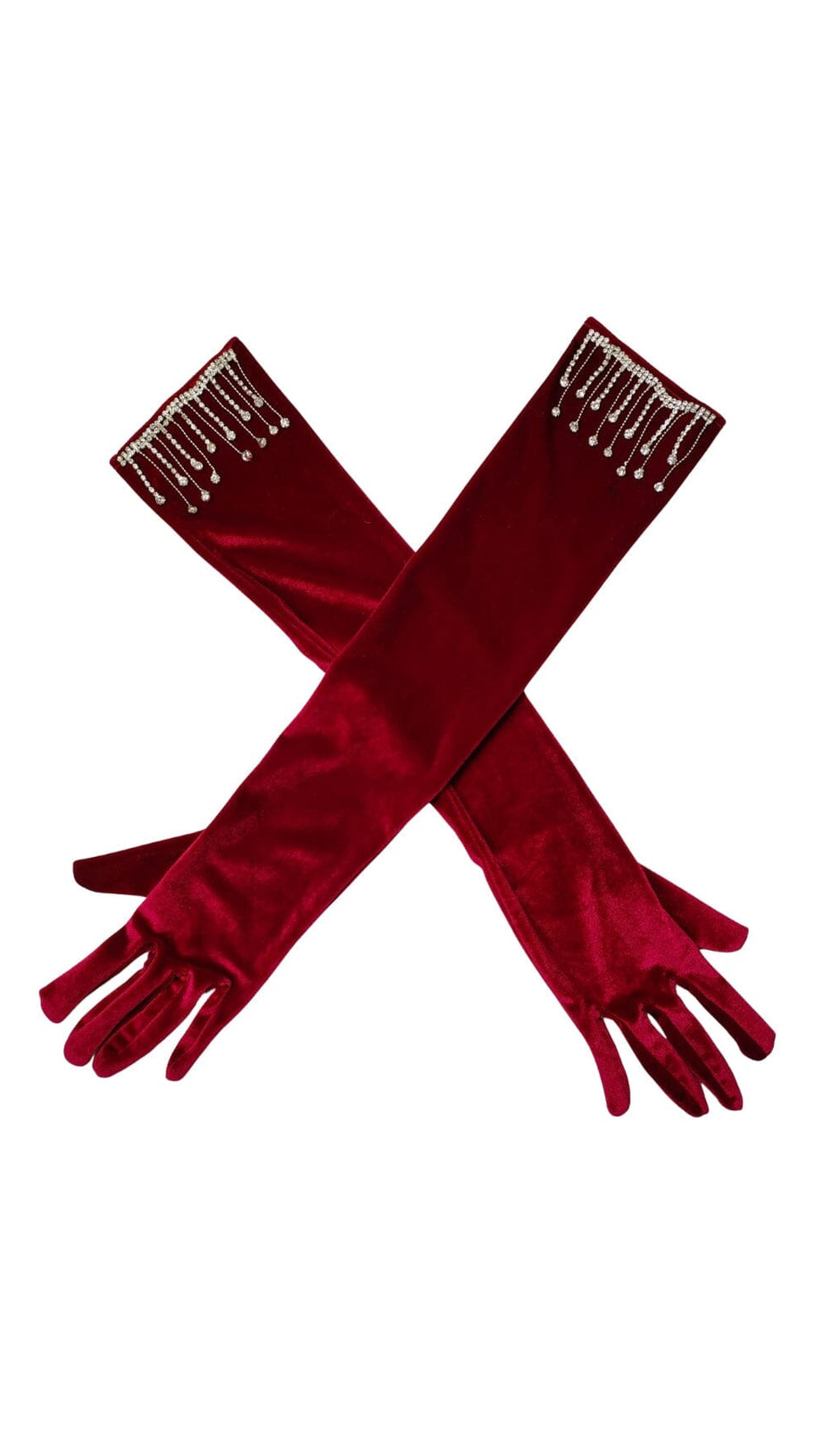 Lange Handschuhe aus Samt mit Strass und Fransen