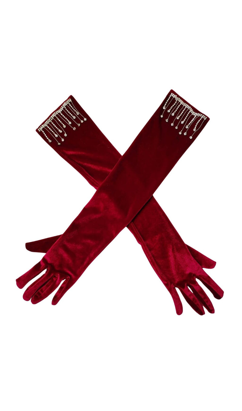 VELVET RHINESTONES LONG GLOVES WITH FRINGE