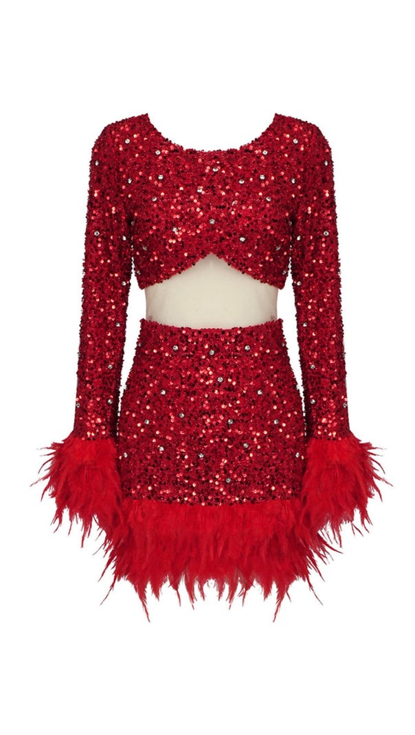 AIIZIE LONG SLEEVE PATCHWORK SEQUIN DRESS IN RED - product image