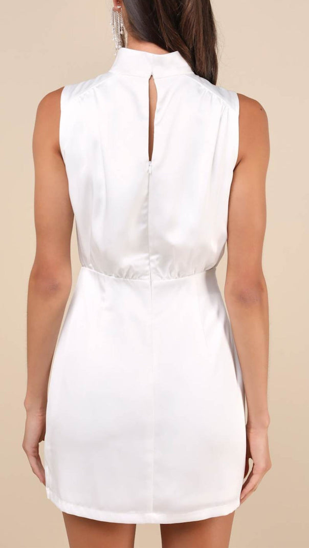 AIIZIE WHITE SATIN SLEEVELESS MOCK NECK MINI DRESS - product image
