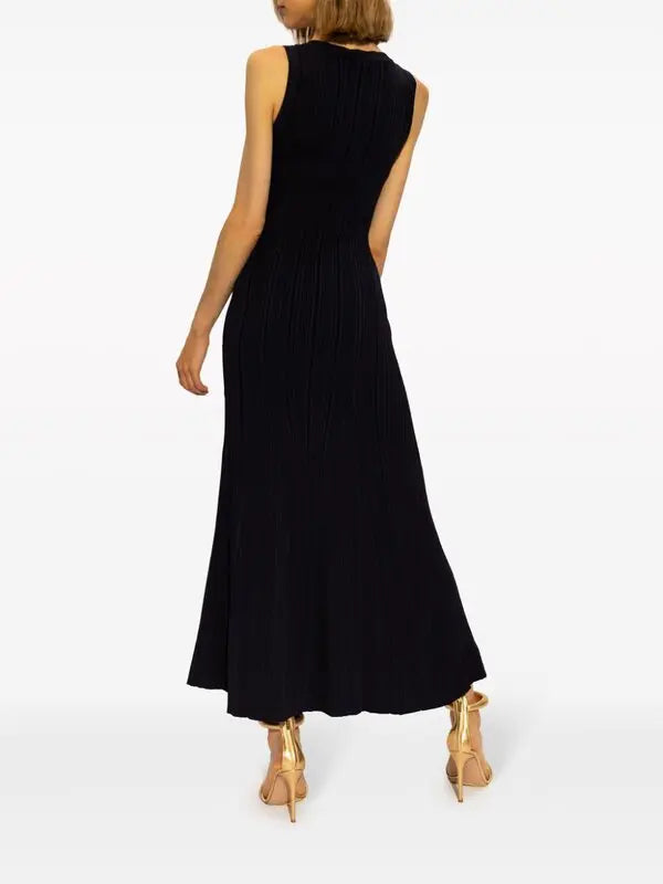 ABITO MIDI IN MAGLIA A COSTINE CON BOTTONI DECORATI IN NERO