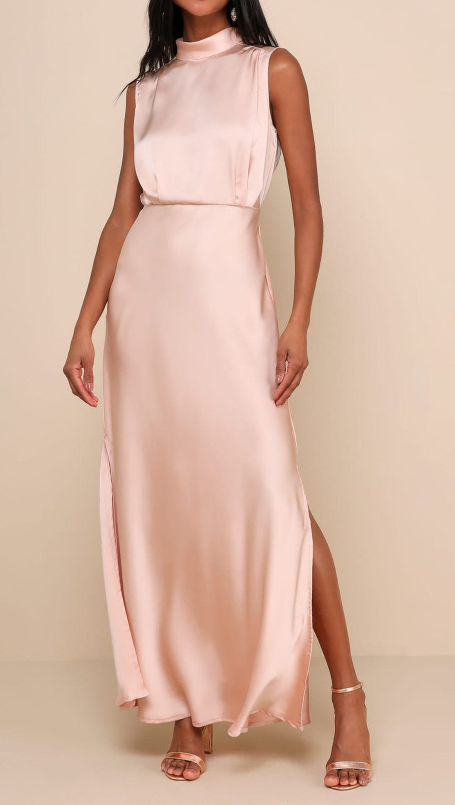 BLUSH SATIN SLEEVELESS MOCK NECK MAXI DRESS