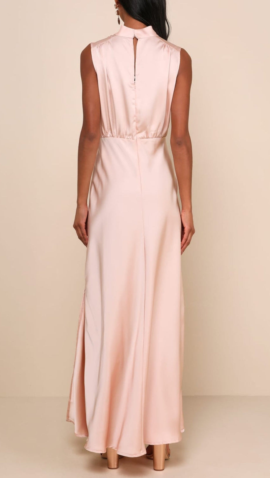 BLUSH SATIN SLEEVELESS MOCK NECK MAXI DRESS
