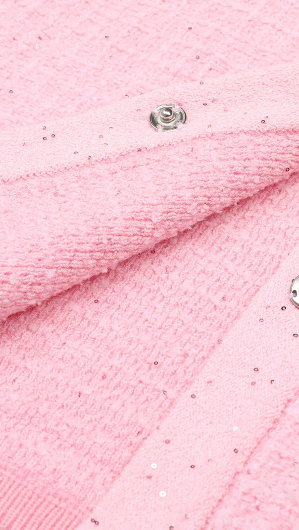 AIIZIE Joanna Luxe Tweed-Inspired Knit Mini Dress | Embellished Button & Pockets - product image