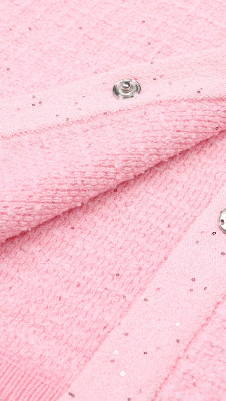 Joanna Luxe Tweed-Inspired Knit Mini Dress | Embellished Button & Pockets