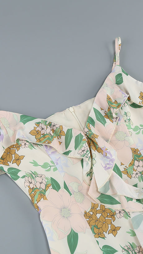 ASYMMETRICAL RUFFLED FLORAL DRAPED MAXI DRESS IN BEIGE