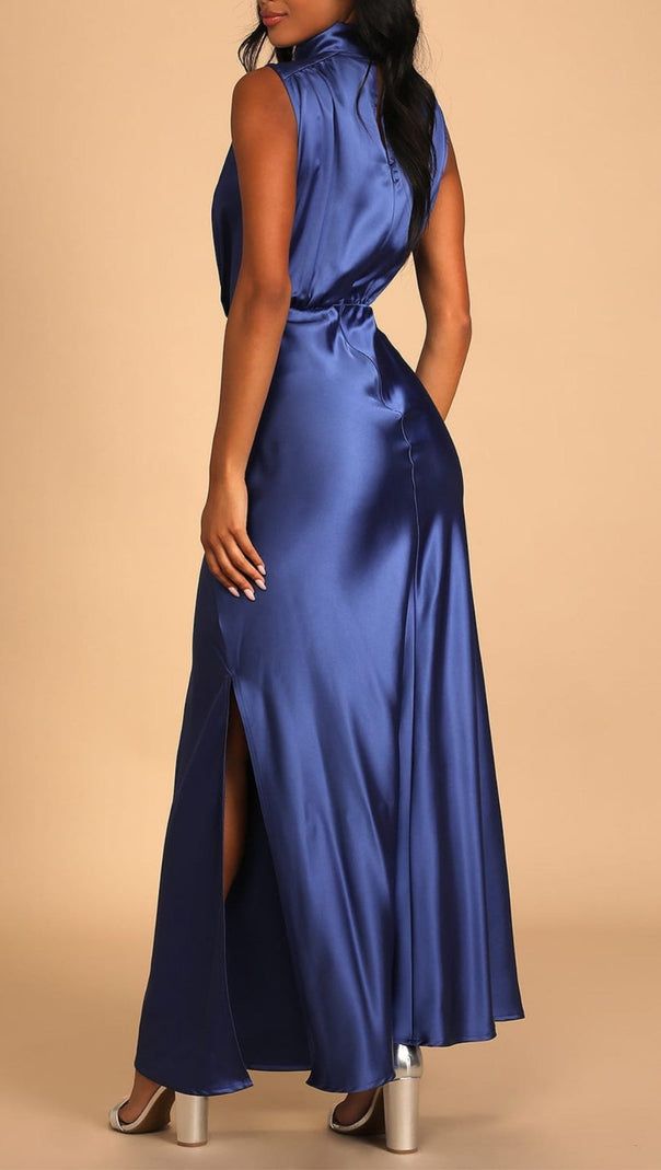 AIIZIE BLUE SATIN SLEEVELESS MOCK NECK MAXI DRESS - product image