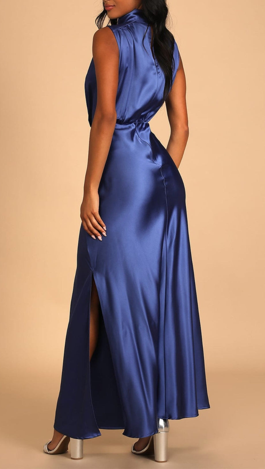 BLUE SATIN SLEEVELESS MOCK NECK MAXI DRESS