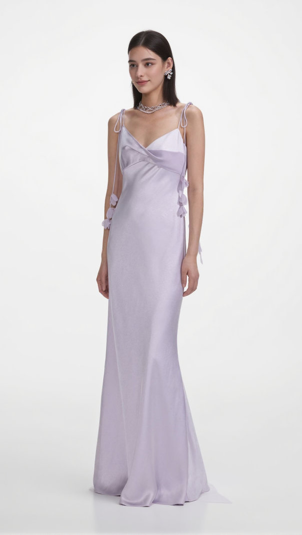 AIIZIE BAHARI FLORAL RIBBON SATIN MAXI DRESS IN PURPLE - product image