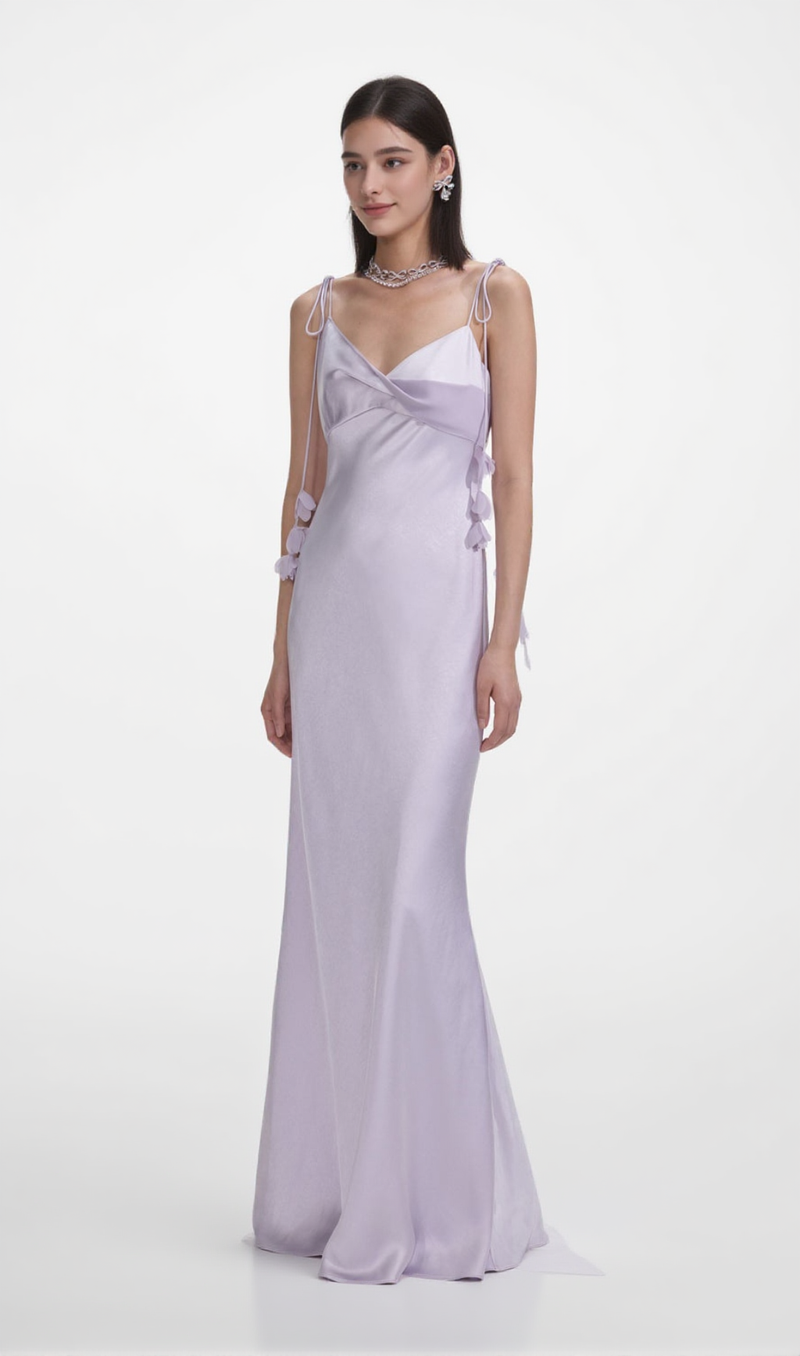 Bahari Floral Ribbon Satin Maxi Dress in purple