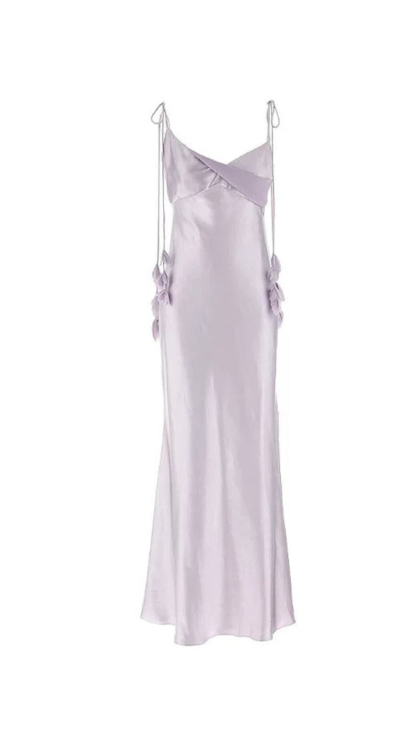 AIIZIE BAHARI FLORAL RIBBON SATIN MAXI DRESS IN PURPLE - product image
