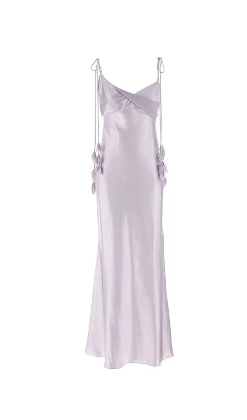 Bahari Floral Ribbon Satin Maxi Dress in purple