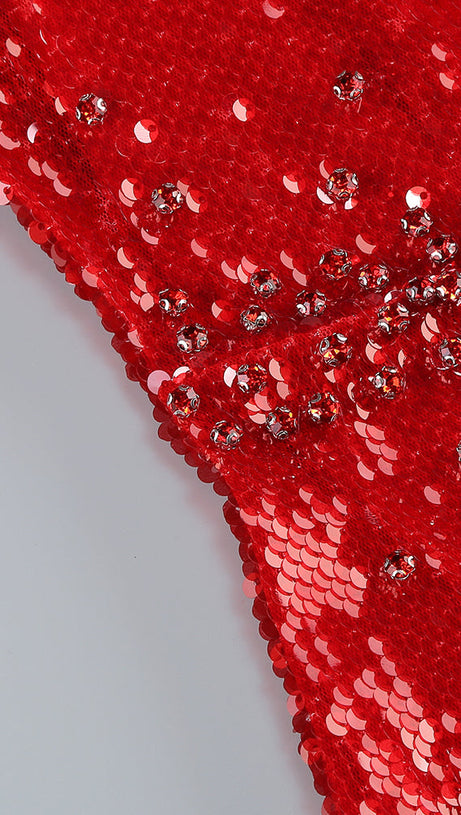 CAITLIN OFF-SHOULDER SEQUIN MIDI DRESS IN RED