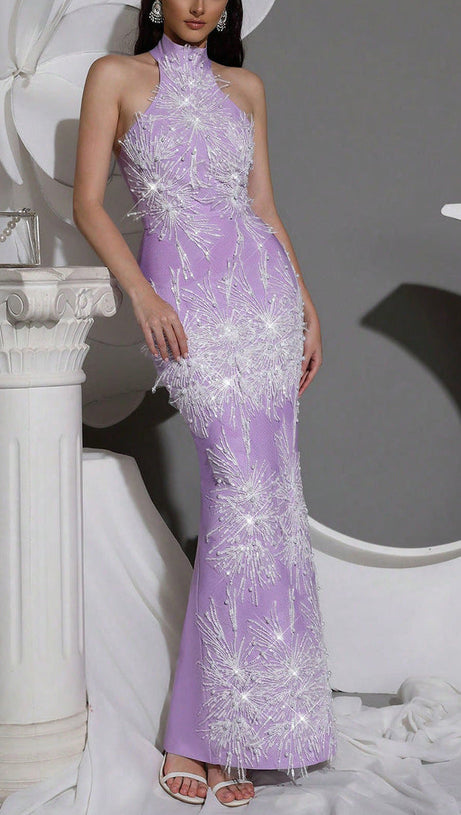 Pandora Sleeveless Beaded Tassel Sequin Bandage Maxi Dress - Violet