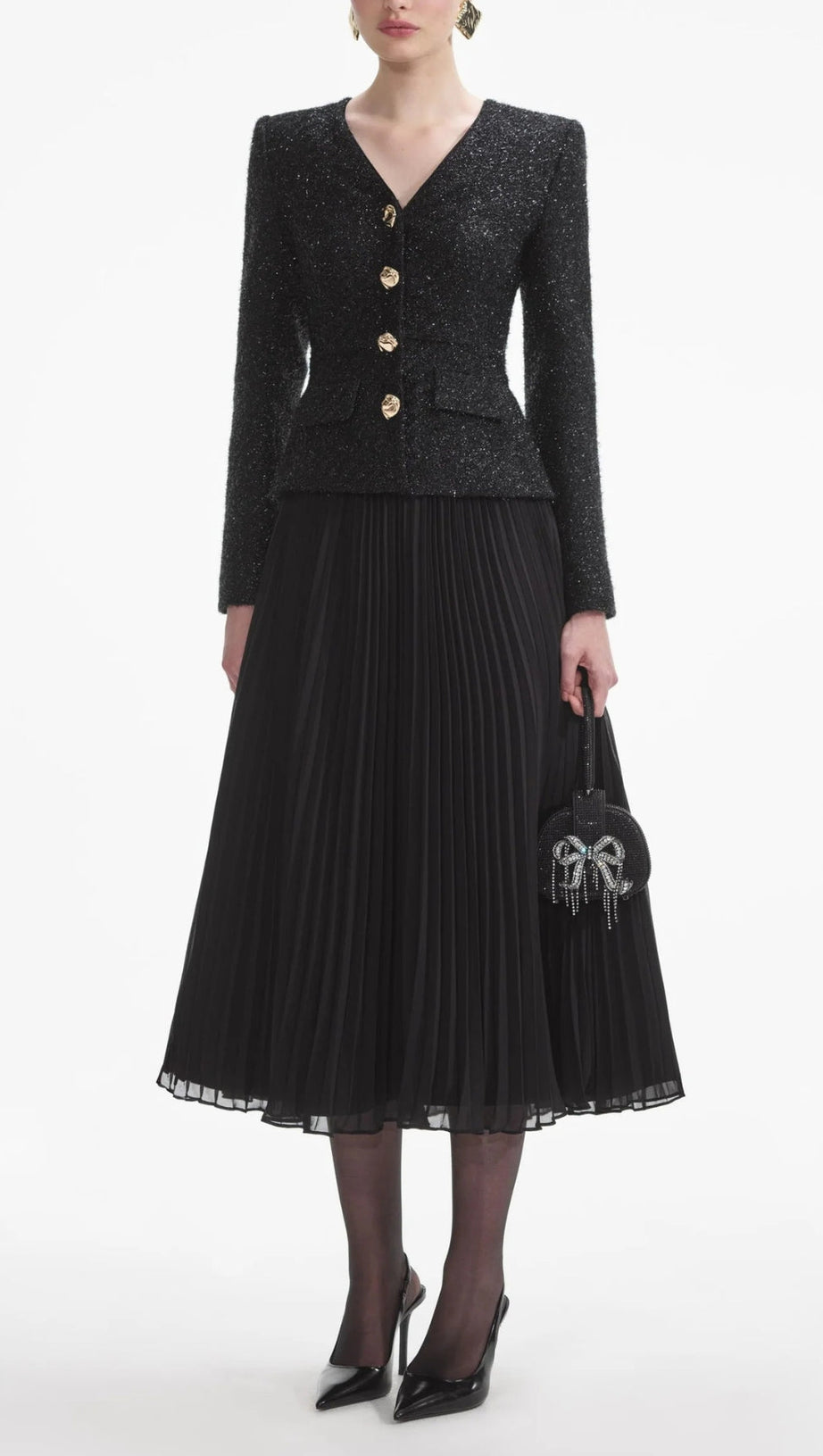 BLACK TINSEL BOUCLE CHIFFON MIDI DRESS