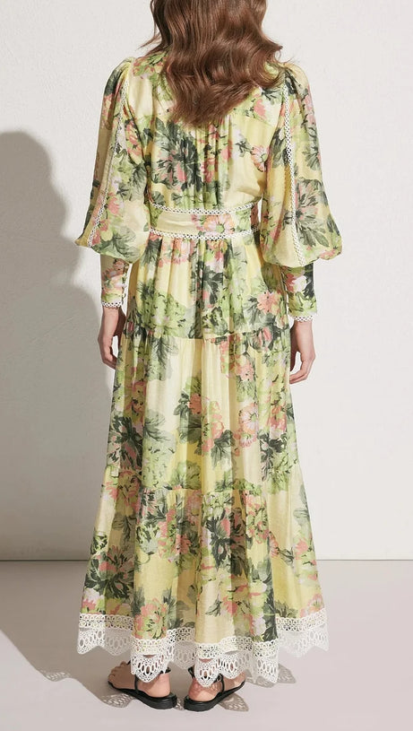 MULTICOLOR FLORAL PRINT LACE TRIM MAXI DRESS