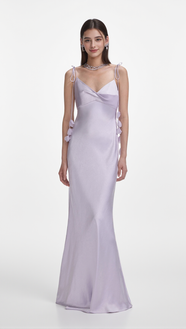 AIIZIE BAHARI FLORAL RIBBON SATIN MAXI DRESS IN PURPLE - product image