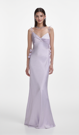 Bahari Floral Ribbon Satin Maxi Dress in purple