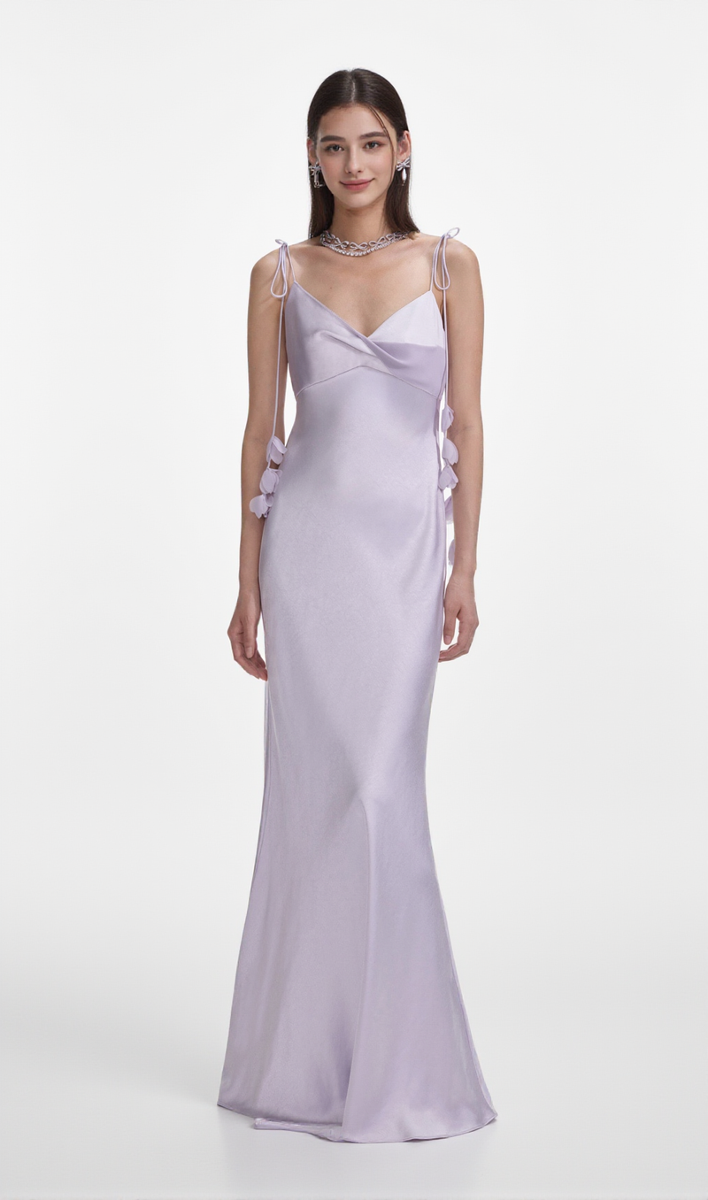 Bahari Floral Ribbon Satin Maxi Dress in purple