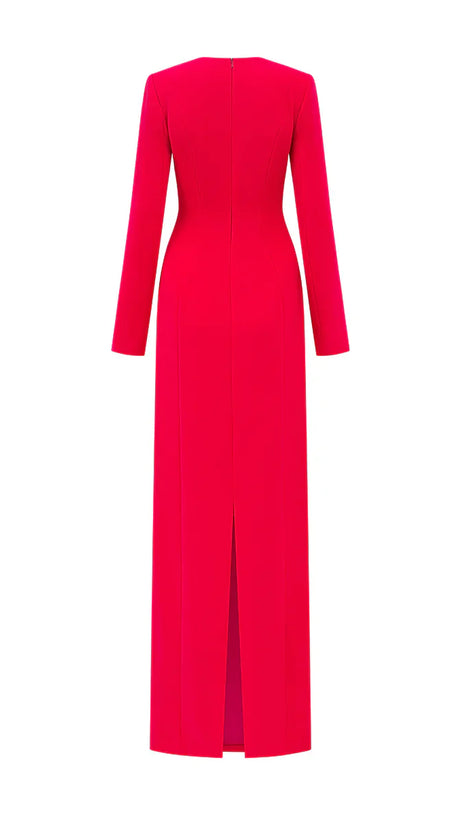 Red Padded Shoulder Crystal Embellished Maxi Dress