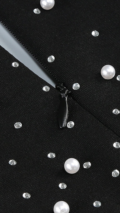 PEARL EMBELLISHED V-NECK MAXI DRESS IN BLACK