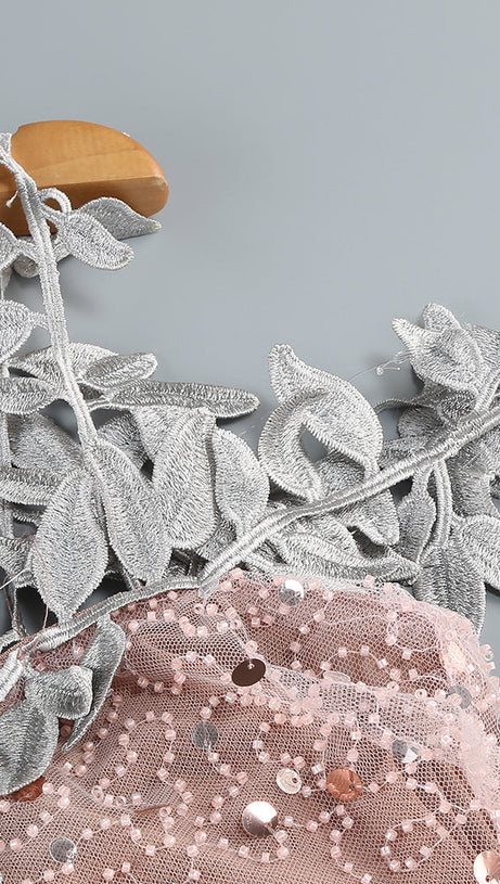 CRYSTAL LEAF EMBELLISHED SEQUIN MAXI DRESS IN PALE BROWN