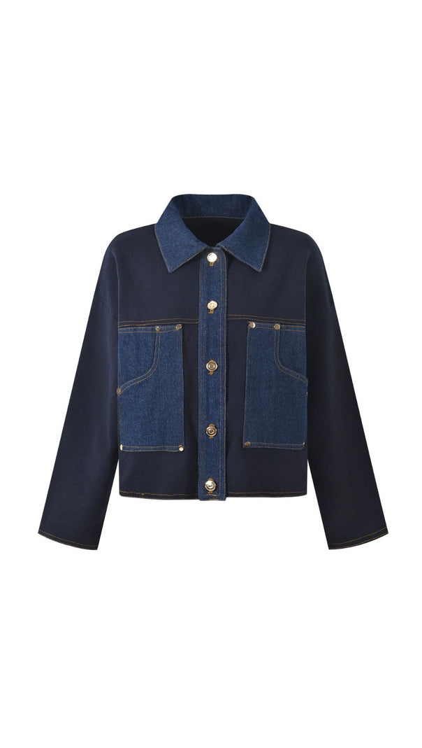 AIIZIE Chic Two-Tone Denim & Knit Blend Cardigan Jacket for Women - product image