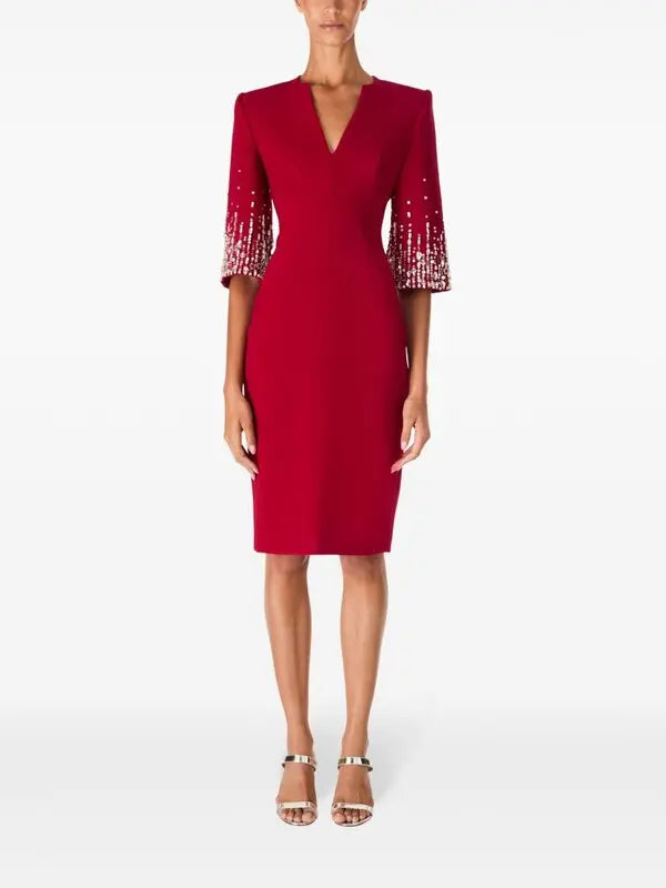 BIELA V-NECK CRYSTAL-EMBELLISHED MIDI DRESS IN RED