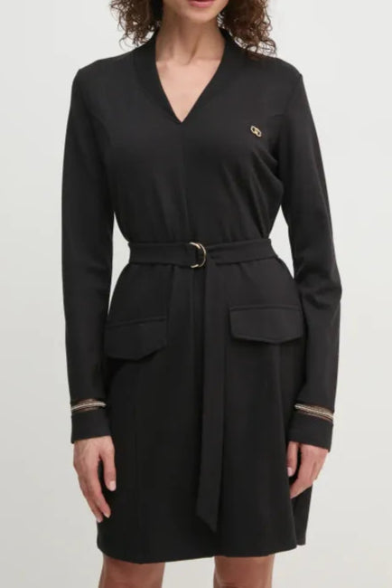 Geripptes Minikleid mit V-Ausschnitt in Schwarz