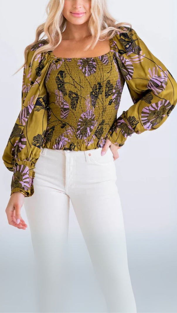 AIIZIE FLORAL BOHO SMOCK LONG SLEEVE TOP - product image