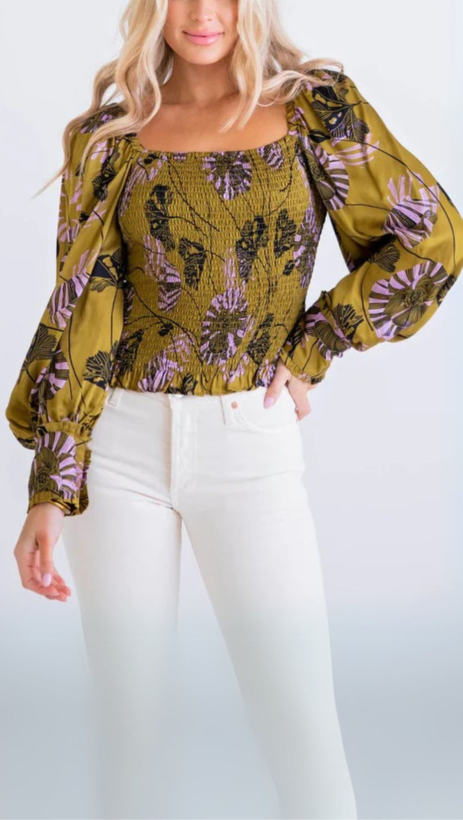 FLORAL BOHO SMOCK LONG SLEEVE TOP