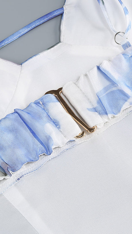 BELINDA BLUE FLORAL VERTICAL RUFFLE TRIM MAXI DRESS