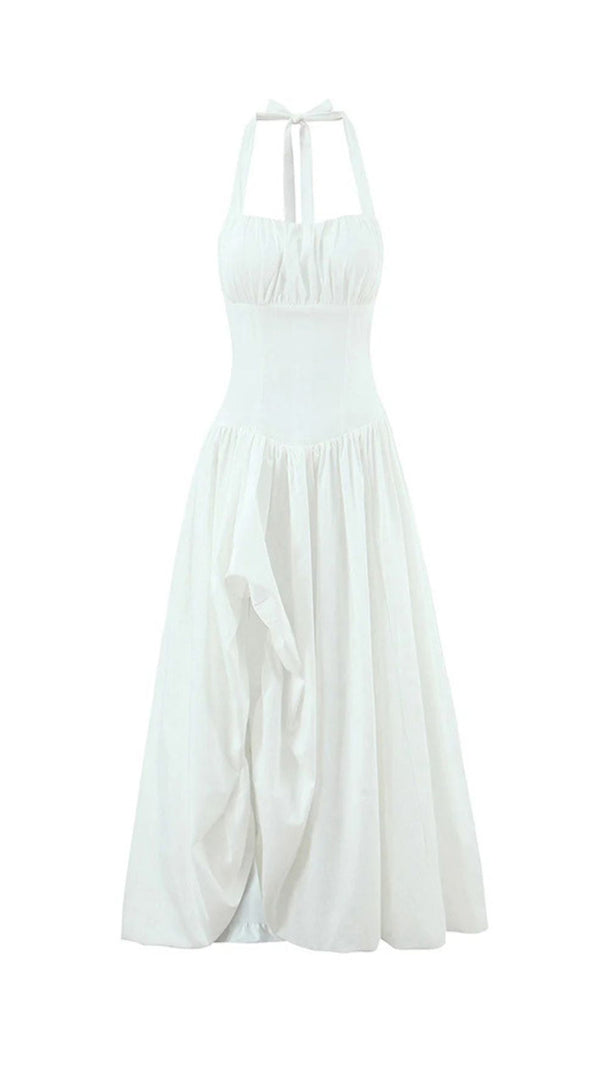 AIIZIE Judas Halter Maxi Dress: Elegant Blush Pink Gown with High Slit & Sculptural Volume - product image