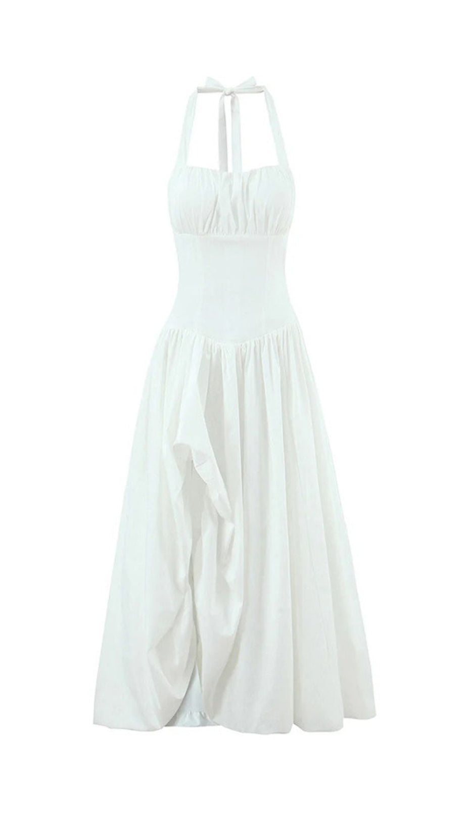 Judas Halter Maxi Dress: Elegant Blush Pink Gown with High Slit & Sculptural Volume